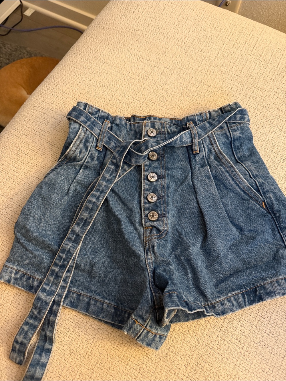 Abercrombie & Fitch Medium Blue Paperbag Waist Denim Shorts with Belt